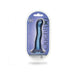 Blue metallic 7-inch curvy G-spot dildo in clear blister packaging with purple backing and Ouch! branding.