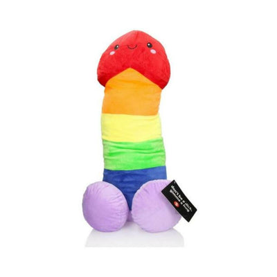 Colorful rainbow plush toy with a smiling face, soft fabric and round base, standing upright on a white background.