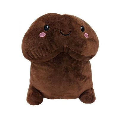 Brown plush pillow with a cute smiling face and pink cheeks, designed as a humorous soft toy.