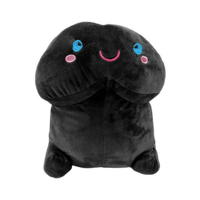 Black plush toy with a smiling face and blue eyes, designed as a humorous soft companion.