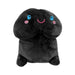 Black plush toy with a smiling face and blue eyes, designed as a humorous soft companion.