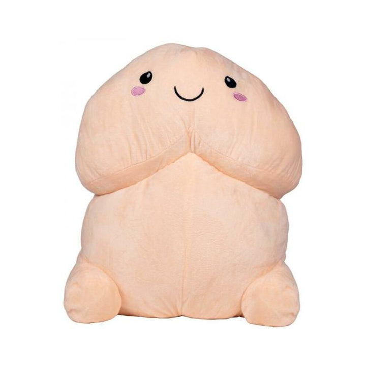 Beige soft plush toy with a smiling face and blushing cheeks, designed as a playful short character.