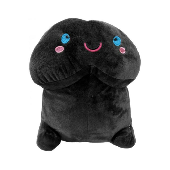 Black plush toy with a smiling face and blue eyes, designed as a humorous soft companion.