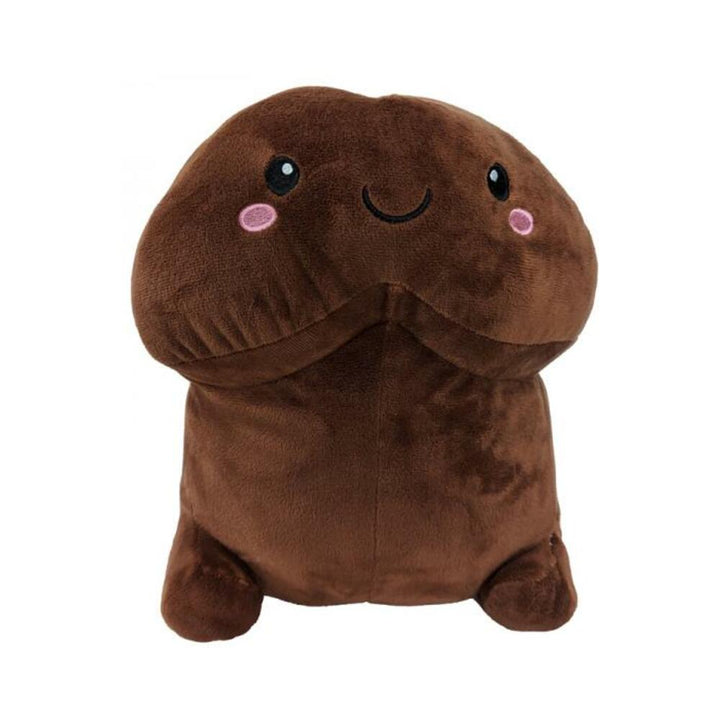 Brown plush toy with a smiling face and pink cheeks, designed as a humorous soft companion.