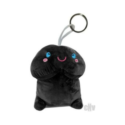 Black plush keychain with a smiling face and blue eyes, designed as a playful novelty gift accessory.