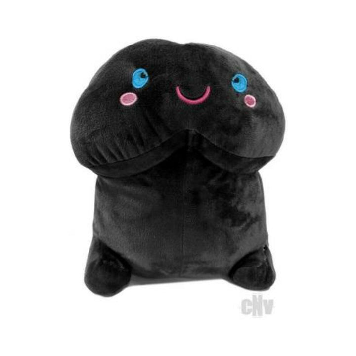 Black plush novelty pillow with a smiling face and blue eyes, designed as a playful short penis shape.