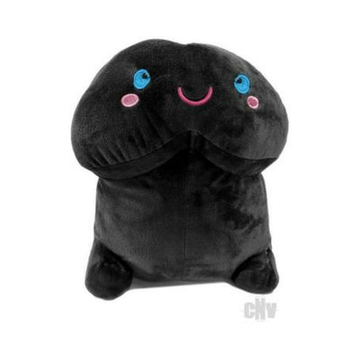 Black plush novelty pillow with a smiling face and blue eyes, designed as a playful short penis shape.
