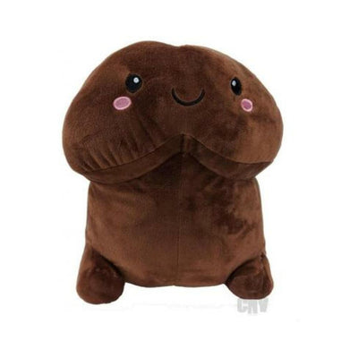 Brown plush toy with a smiling face and pink cheeks, designed as a playful short character.