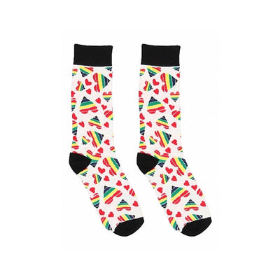 Pair of white socks with black cuffs, heels, and toes, decorated with colorful rainbow-striped and red hearts pattern.