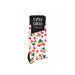 White socks with colorful rainbow and red heart patterns, labeled Shots Socks Happy Hearts in size S/M.