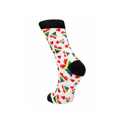 White socks with black cuff, heel, and toe, featuring red and rainbow-striped heart patterns.