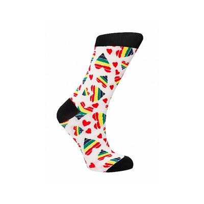 White socks with black toe, heel, and cuff featuring colorful rainbow-striped hearts and small red hearts pattern.