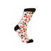 White socks with black toe, heel, and cuff featuring colorful rainbow-striped hearts and small red hearts pattern.