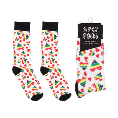 White socks with black cuffs and toes featuring colorful rainbow-striped and red heart patterns, shown with packaging.