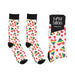 White socks with black cuffs and toes featuring colorful rainbow-striped and red heart patterns, shown with packaging.