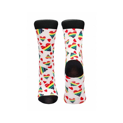 White socks with black cuffs and heels, decorated with red and rainbow-striped heart patterns.