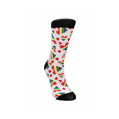 White socks with black toes and cuffs, decorated with colorful striped and red hearts pattern.