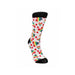 White socks with black toes and cuffs, decorated with colorful striped and red hearts pattern.