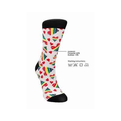 White socks with black toe and cuff featuring colorful rainbow-striped and red hearts pattern.
