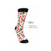 White socks with black toe and cuff featuring colorful rainbow-striped and red hearts pattern.