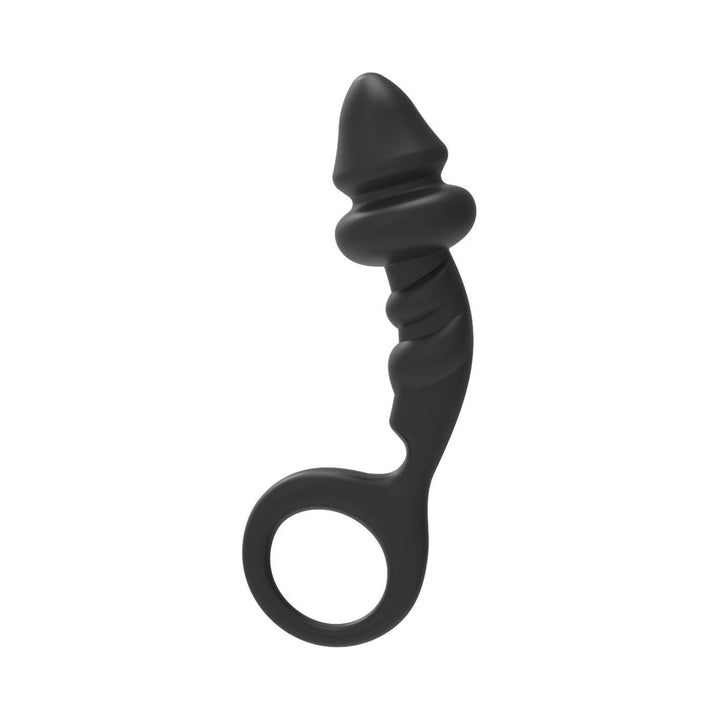 Black silicone prostate plug with tapered tip and ring handle for easy retrieval, designed for comfortable use.