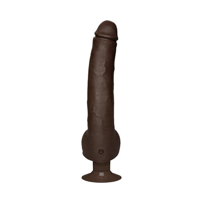 Realistic 12-inch dark brown dildo with suction cup base and textured surface for hands-free use.