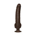 Realistic 12-inch dark brown dildo with suction cup base and textured surface for hands-free use.