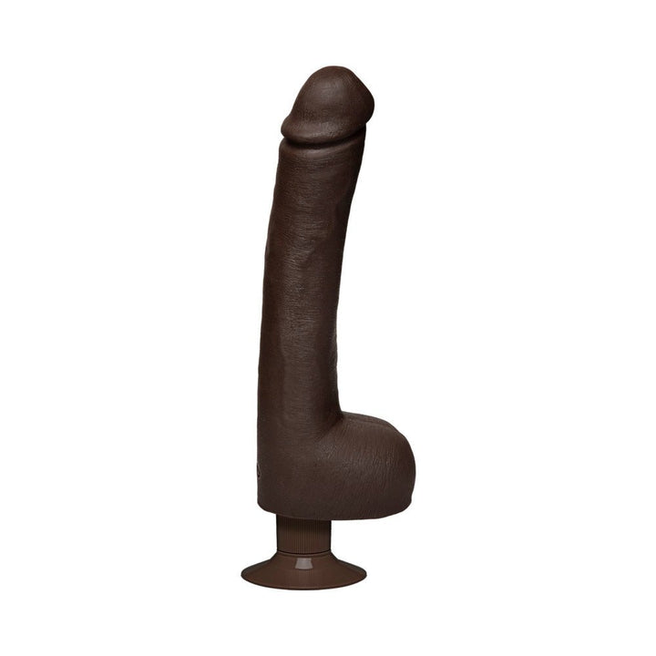 Realistic dark brown 12-inch dildo with suction cup base and detailed texture.