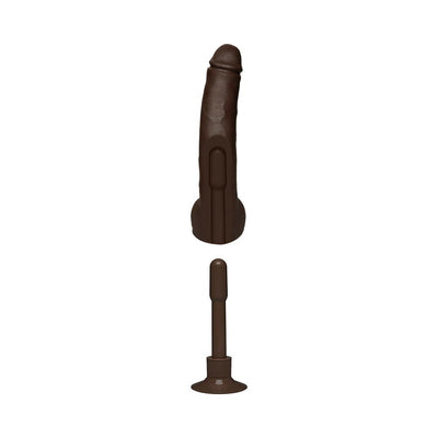 Dark brown realistic 12-inch dildo with suction cup base and removable multi-speed vibrating bullet.