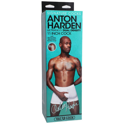 Packaging box for Signature Cocks Anton Harden 11-inch Ultraskyn dual density cock with removable Vac-u-lock suction cup.