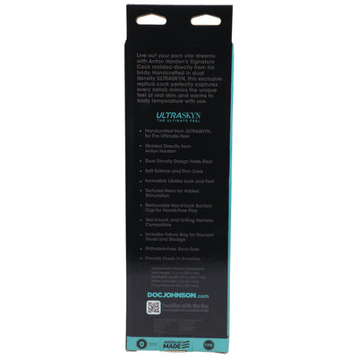 Back packaging of Signature Cocks Anton Harden 11 In. Ultraskyn cock with product features and specifications listed.