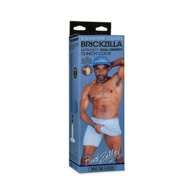 Packaging box for Signature Cocks Brickzilla Ultraskyn 13-inch dual density adult toy with model image and product details.