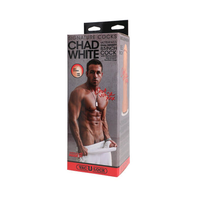Packaging box of Signature Cocks Chad White 8.5 inch Ultraskyn realistic dildo with model image and product details.