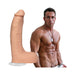 Realistic 8.5-inch Ultraskyn dildo with suction cup base beside a shirtless muscular male model.