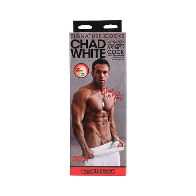 Packaging of Signature Cocks Chad White 8.5 inch Ultraskyn dildo featuring muscular man and product details.