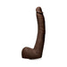 Chocolate-colored realistic dildo with suction cup base, detailed texture and curved shape.