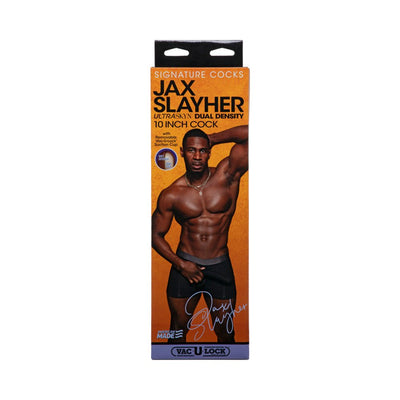 Packaging box for Signature Cocks Jax Slayher 10 Inch Ultraskyn dual density toy featuring a muscular man on an orange background.