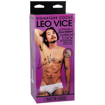 Packaging box for Signature Cocks Leo Vice Ultraskyn 7.5 inch dual density toy with removable Vac-U-Lock suction cup.