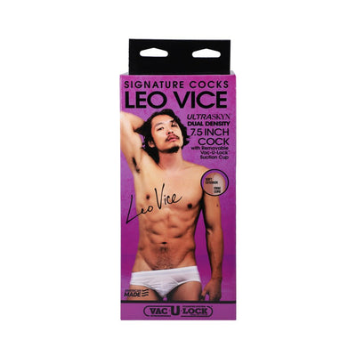 Packaging box for Signature Cocks Leo Vice Ultraskyn 7.5 inch dual density toy with removable Vac-U-Lock suction cup.