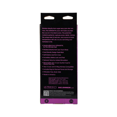 Back of packaging for Signature Cocks Leo Vice Ultraskyn with product features and dimensions in purple text on black background.