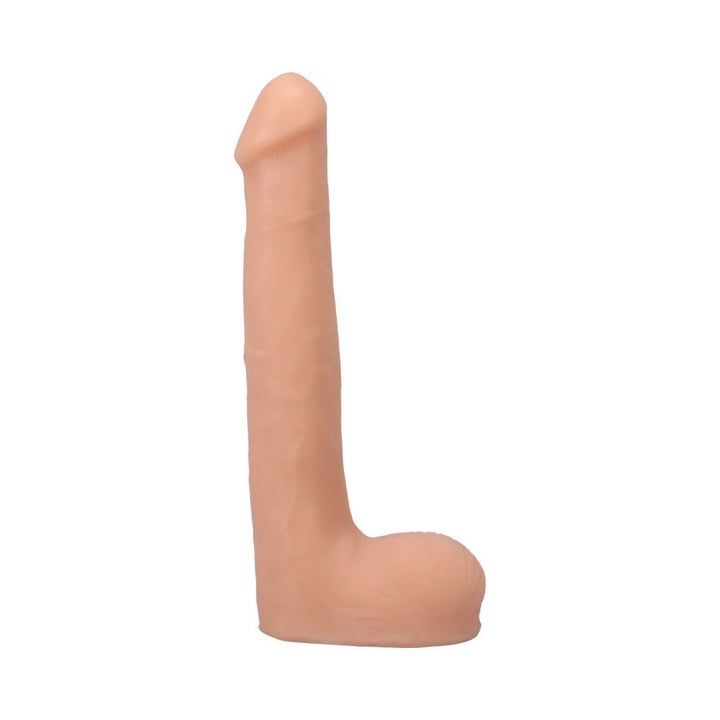 Vanilla-colored 10-inch lifelike dildo with suction cup base and realistic texture in upright position on white background.