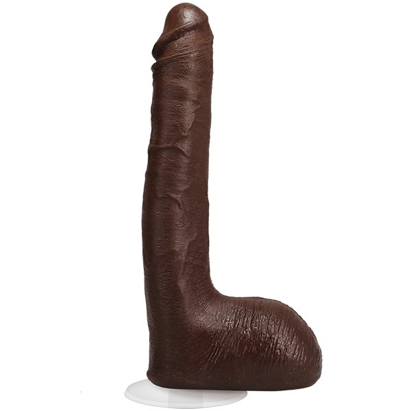 Realistic 10-inch dark brown Ultraskyn dildo with textured veins and removable suction cup base for hands-free use.