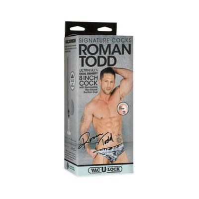 Packaging box of Roman Todd Signature Cocks Ultraskyn 8-inch dual density adult toy with removable Vac-U-Lock suction cup.