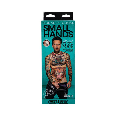 Packaging for Signature Cocks Small Hands 9 Inch Ultraskyn dual density toy featuring tattooed male model and product details.