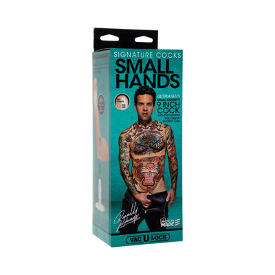 Packaging box of Signature Cocks Small Hands 9 Inch Ultraskyn dual density adult toy with tattooed male model on front.
