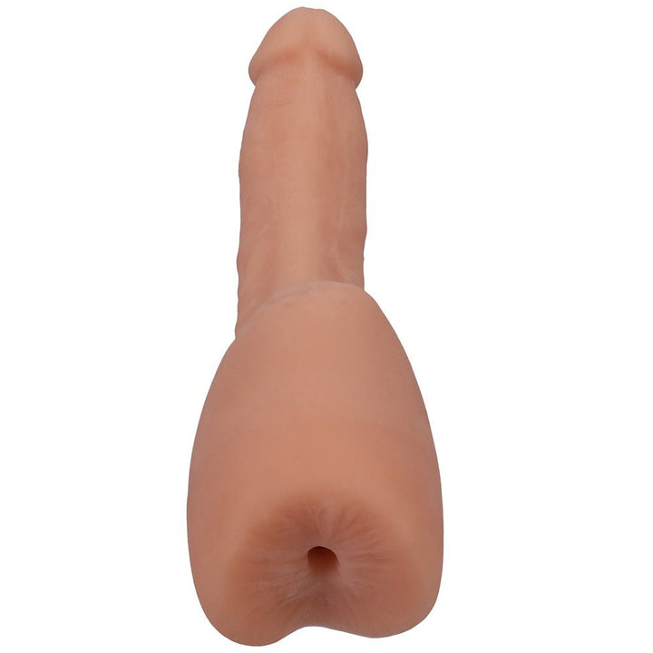 Beige dual-density lifelike silicone dildo with penetrable textured ass, 4.5-inch insertable length, realistic design.