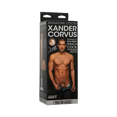 Packaging box for Signature Cocks Xander Corvus Ultraskyn 9-inch dildo featuring a shirtless male model and product details.