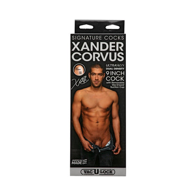 Packaging of Signature Cocks Xander Corvus Ultraskyn 9-inch dildo featuring shirtless male model and product details.