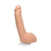 Realistic 9-inch flesh-toned dildo with textured base and suction cup stand for hands-free use.