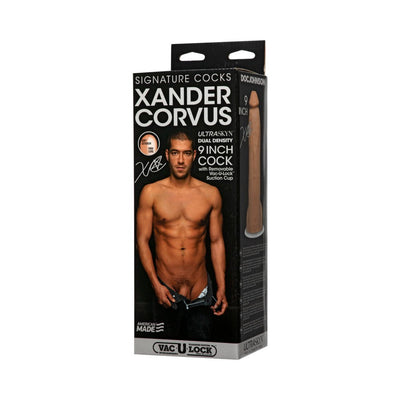 Packaging box for Signature Cocks Xander Corvus 9-inch Ultraskyn dildo featuring a shirtless male model and product details.